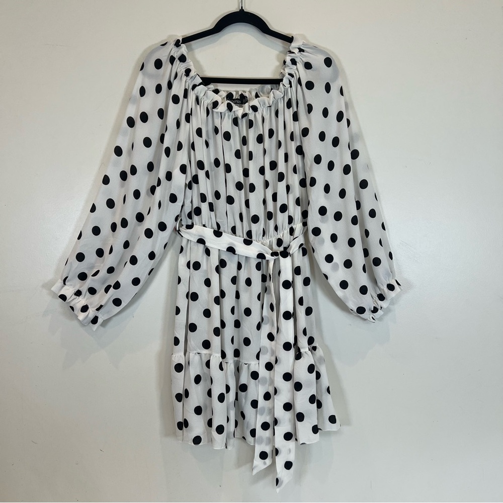Boohoo Women's Plus Polka Dot Mini Dress Elastic Tie Waist Balloon Sleeve 24